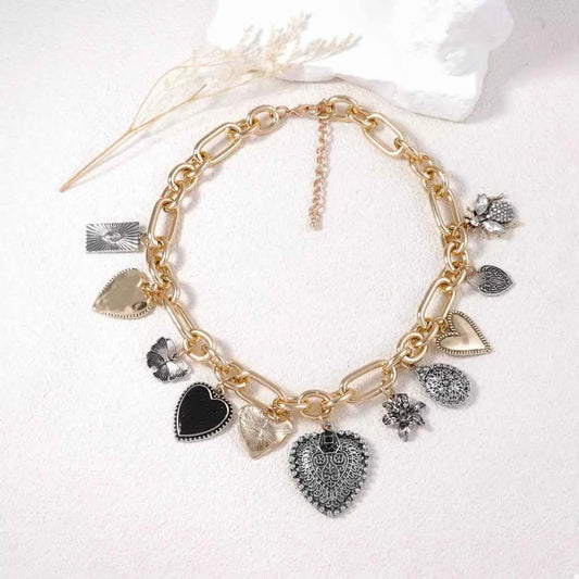 18K Gold-Plated Alloy Heart Charm Chain Statement Necklace