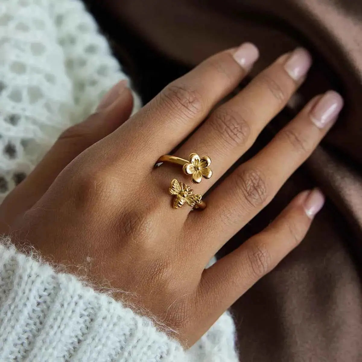 18K Gold-Plated Flower Bee Open Ring