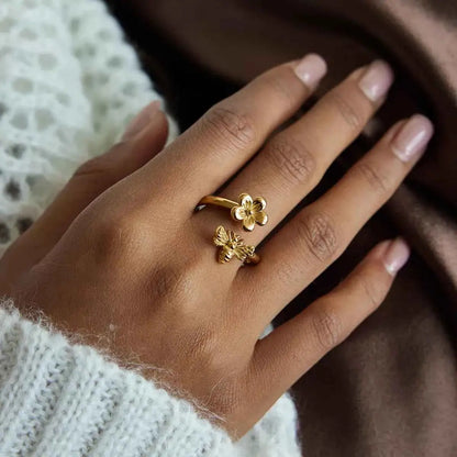 18K Gold-Plated Flower Bee Open Ring