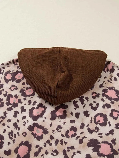 Plus Size Leopard Long Sleeve Drawstring Hoodie