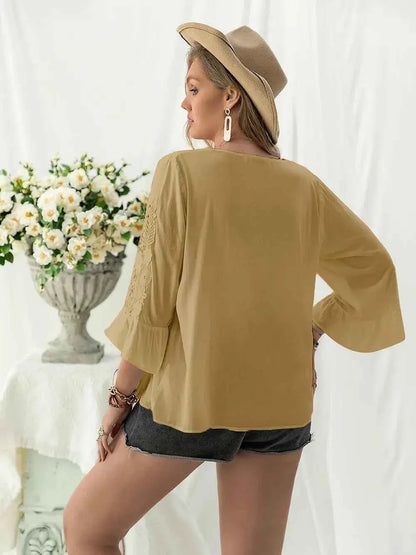 Plus Size Lace Detail V-Neck Flounce Sleeve Blouse