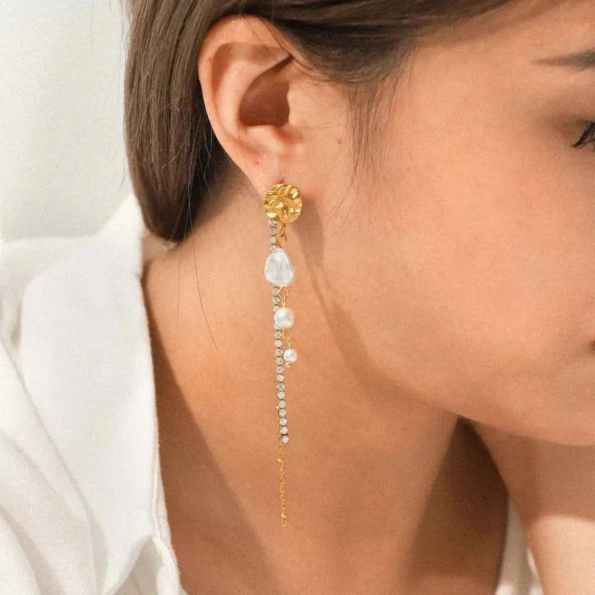 18K Gold-Plated Zircon Pearl Chain Earrings