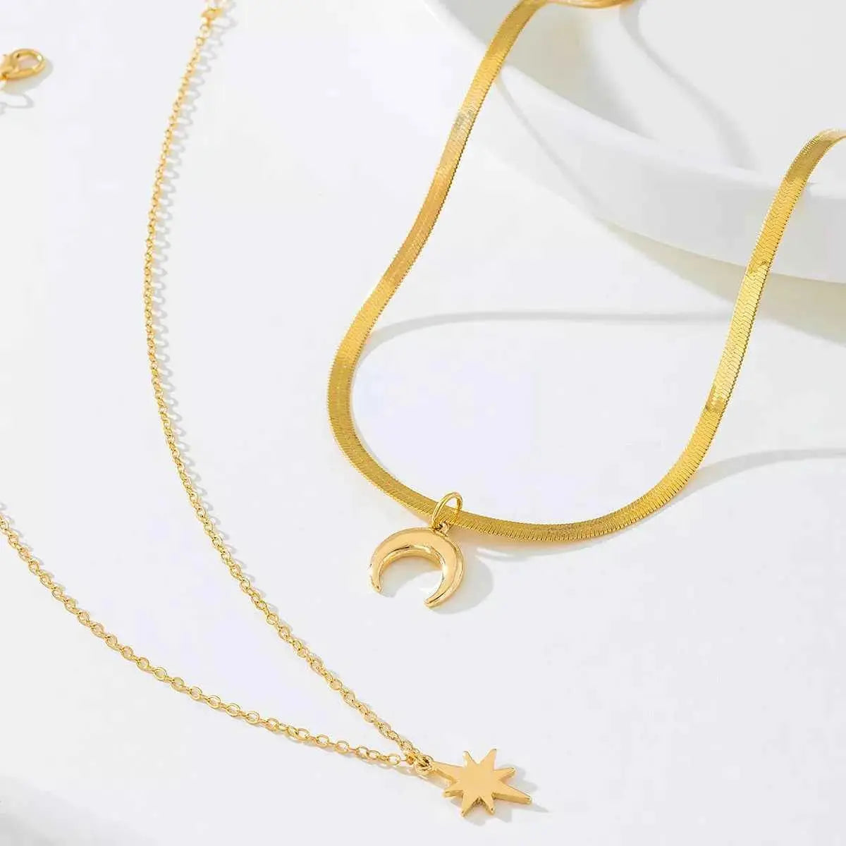 2 Piece 18K Gold-Plated Moon & Star Necklace