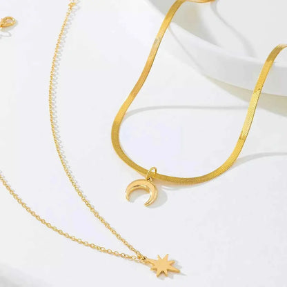 2 Piece 18K Gold-Plated Moon & Star Necklace