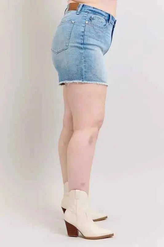 Judy Blue Plus Size High Waist Western Embroidery Detail Cut Off Denim Shorts