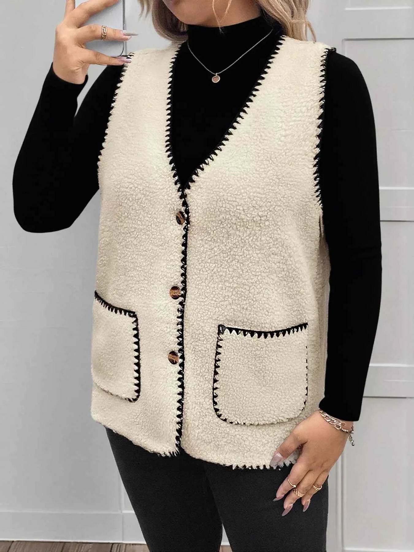 Plus Size Contrast Trim Button Up Vest Coat