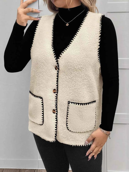 Plus Size Contrast Trim Button Up Vest Coat