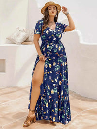 Plus Size Floral V-Neck Short Sleeve Maxi Dress