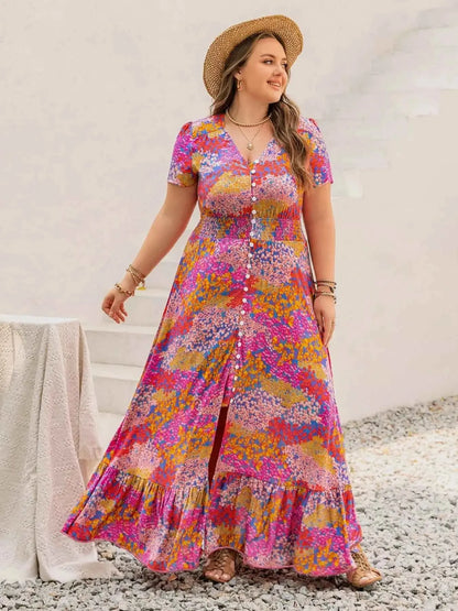 Plus Size Printed V-Neck Short Sleeve Maxi Dress