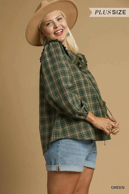 Umgee Full Size Plaid Ruffle Collar Blouse Plus Size