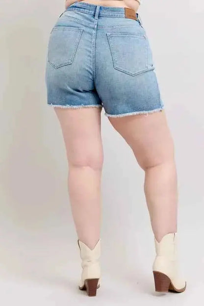 Judy Blue Plus Size High Waist Western Embroidery Detail Cut Off Denim Shorts