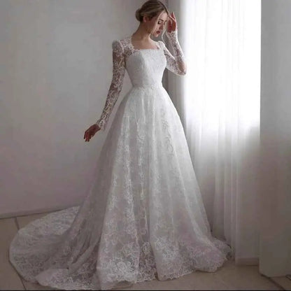 Plus size Embroidered Long Sleeve Trailing Wedding Dress