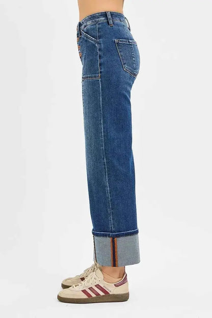 RISEN Full Size High Rise Crop Wide Straight Cuffed Jeans Plus Size