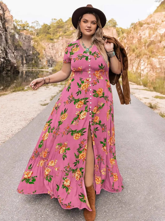 Plus Size Floral V-Neck Short Sleeve Maxi Dress