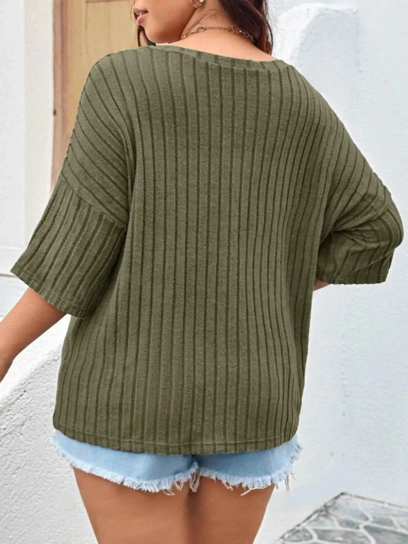 Plus Size V-Neck Ribbed Knit T-Shirt