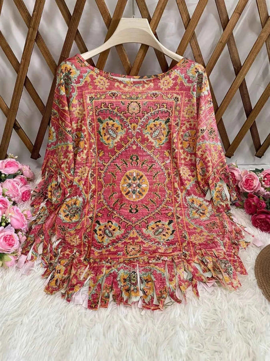 Plus Size Fringe Round Neck Cover Up
