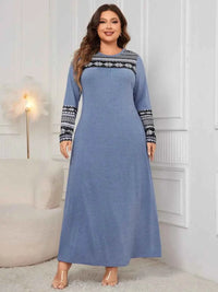 Honey Plus Size Printed Round Neck Long Sleeve Dress