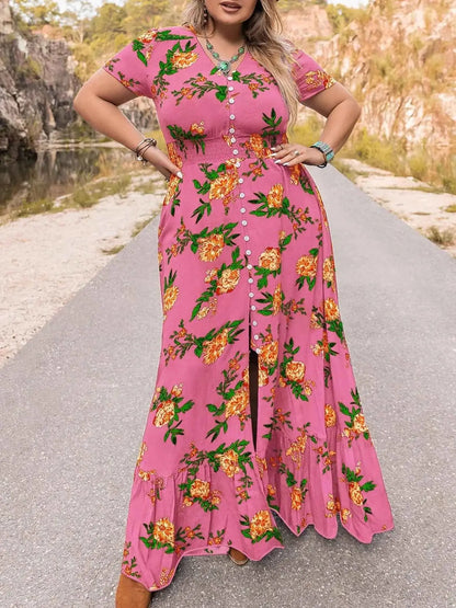 Plus Size Floral V-Neck Short Sleeve Maxi Dress