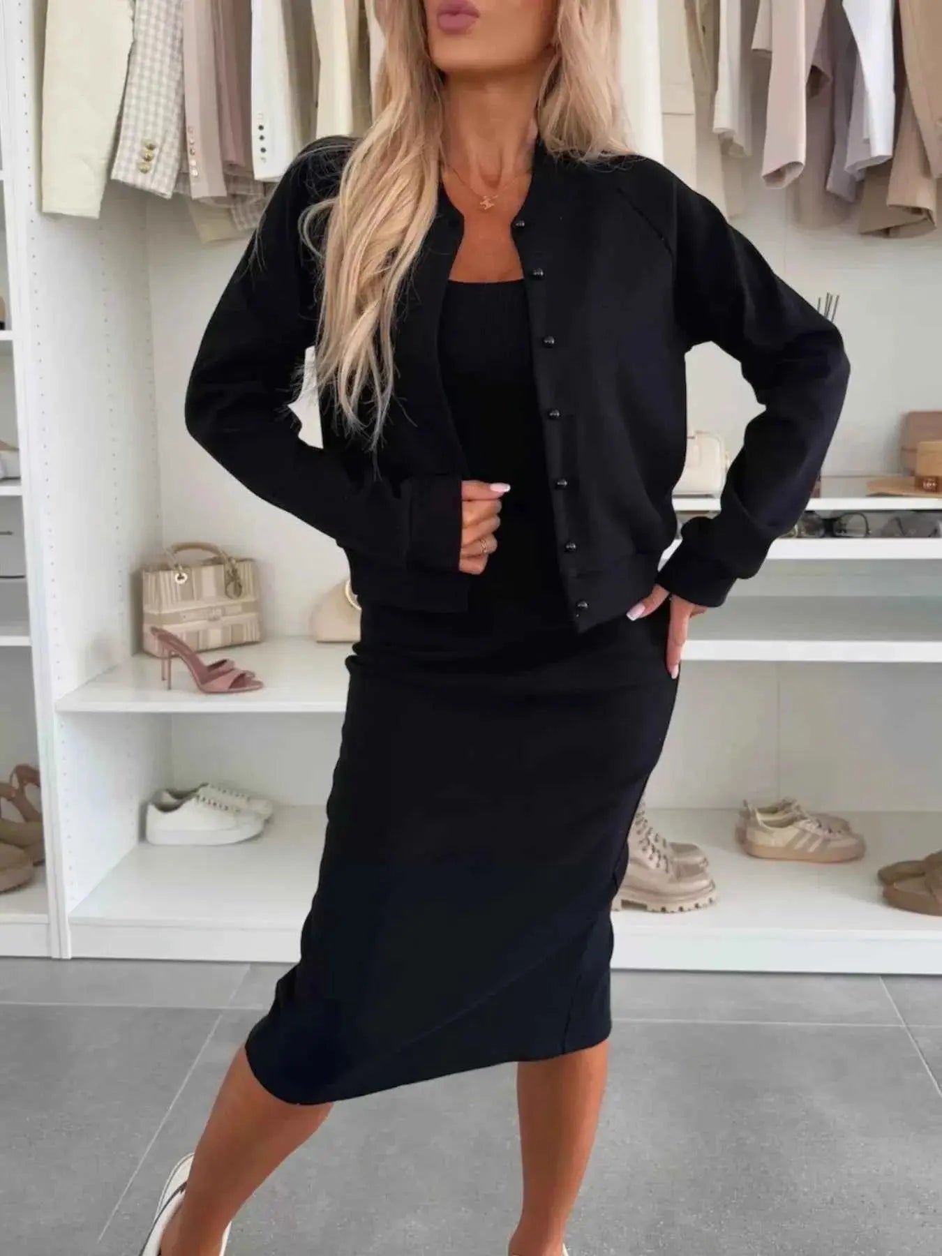 Full Size Slit Square Neck Dress and Outerwear Set Plus Size