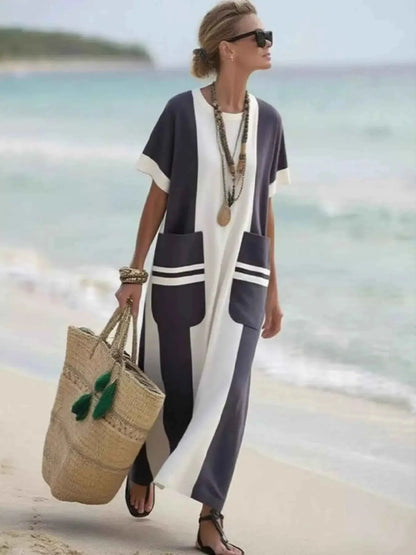 Full Size Color Block Short Sleeve Dress with Pockets Plus Size