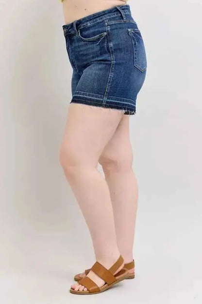 Judy Blue Plus Size HW Tummy Control Destroy Release Hem Denim Shorts