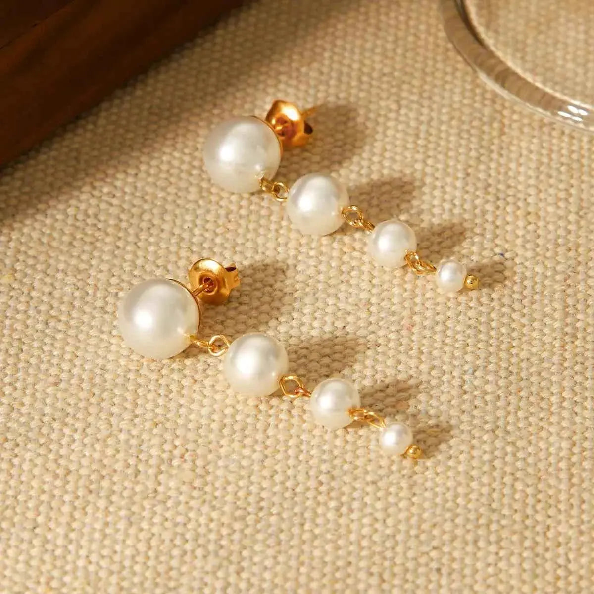 Synthetic Pearl Drop Chain Earrings with Gold Accents