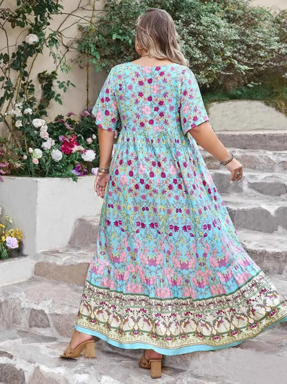 Plus Size Printed Tie Neck Flutter Sleeve Maxi Dress