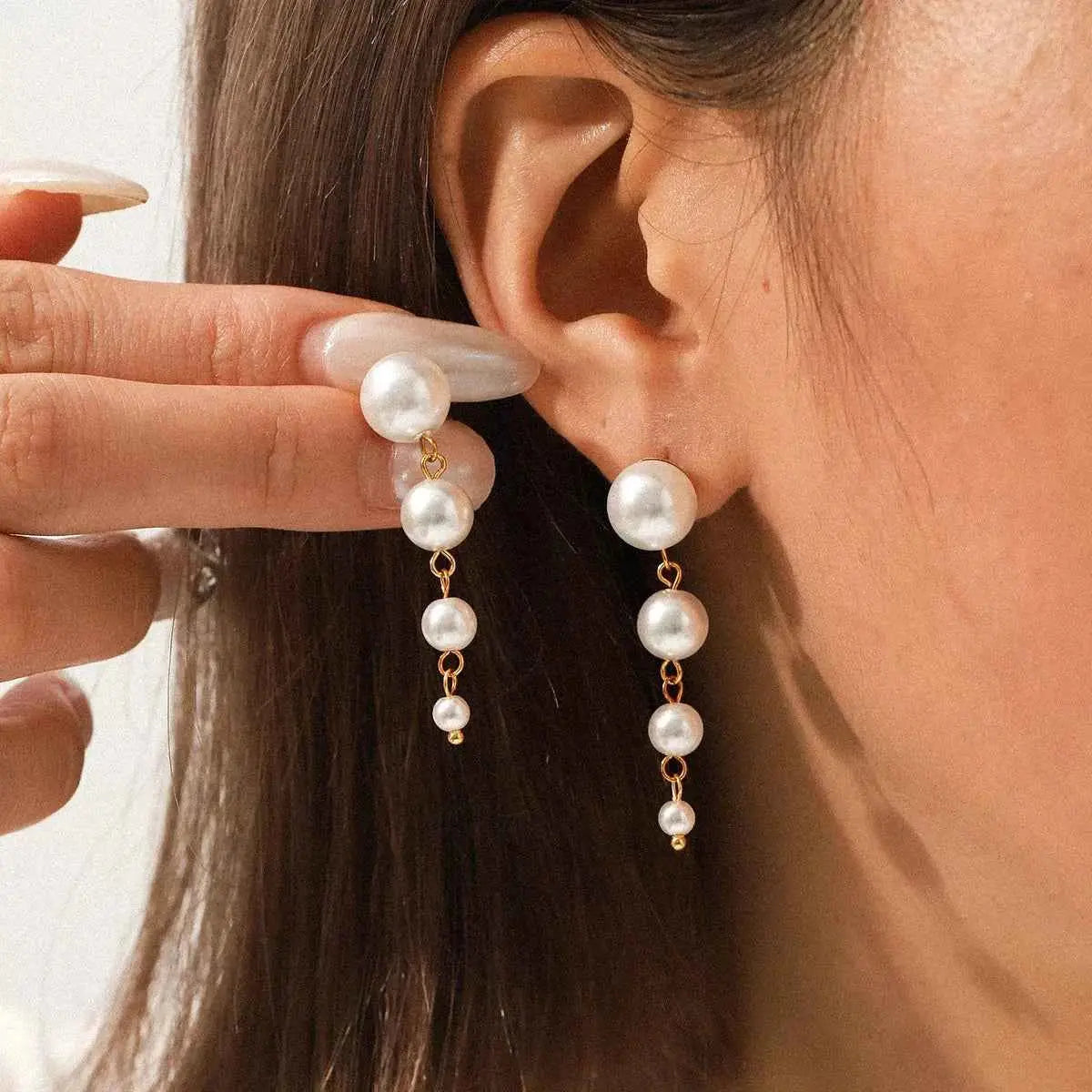 Synthetic Pearl Drop Chain Earrings with Gold Accents