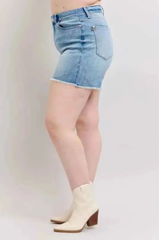 Judy Blue Plus Size High Waist Western Embroidery Detail Cut Off Denim Shorts