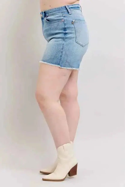 Judy Blue Plus Size High Waist Western Embroidery Detail Cut Off Denim Shorts