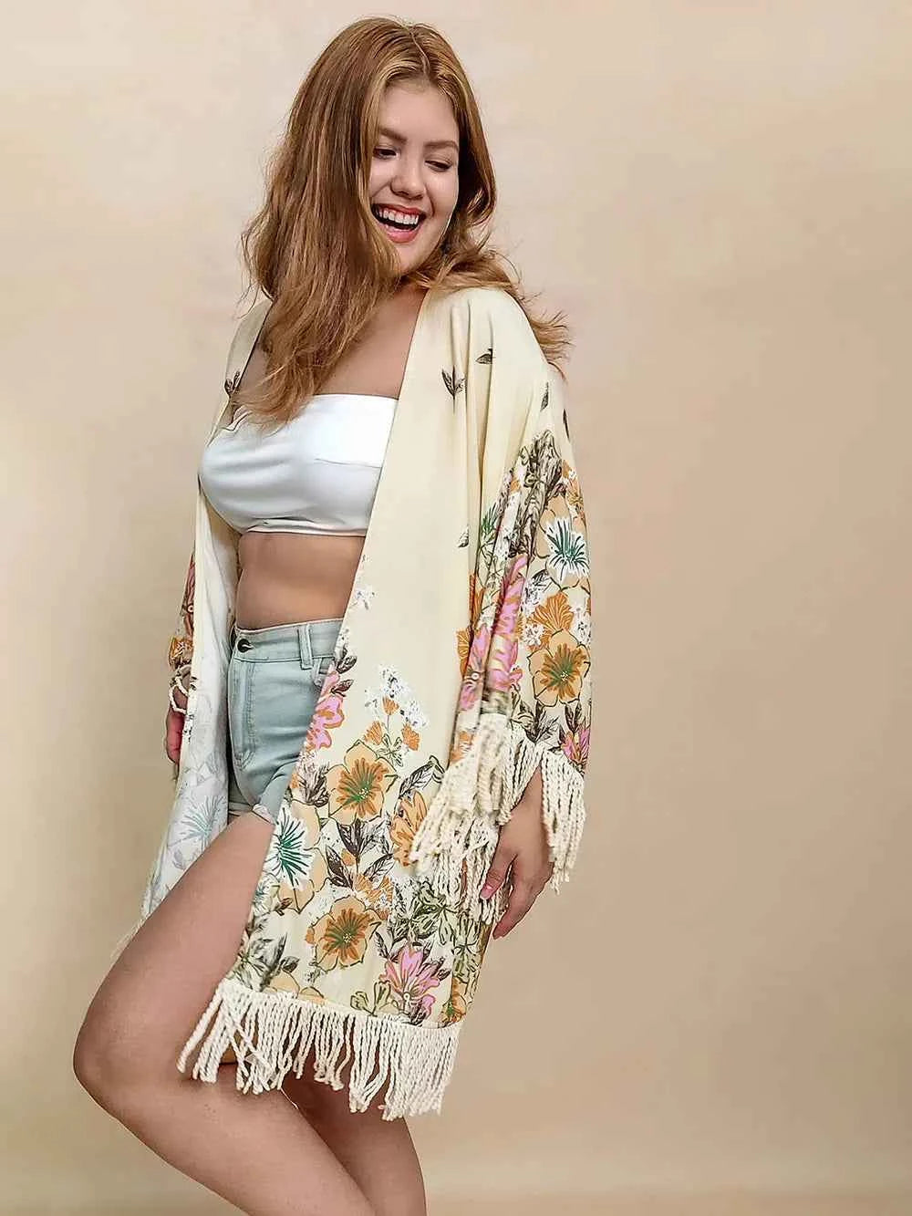 Plus Size Fringe Printed Open Front Cardigan