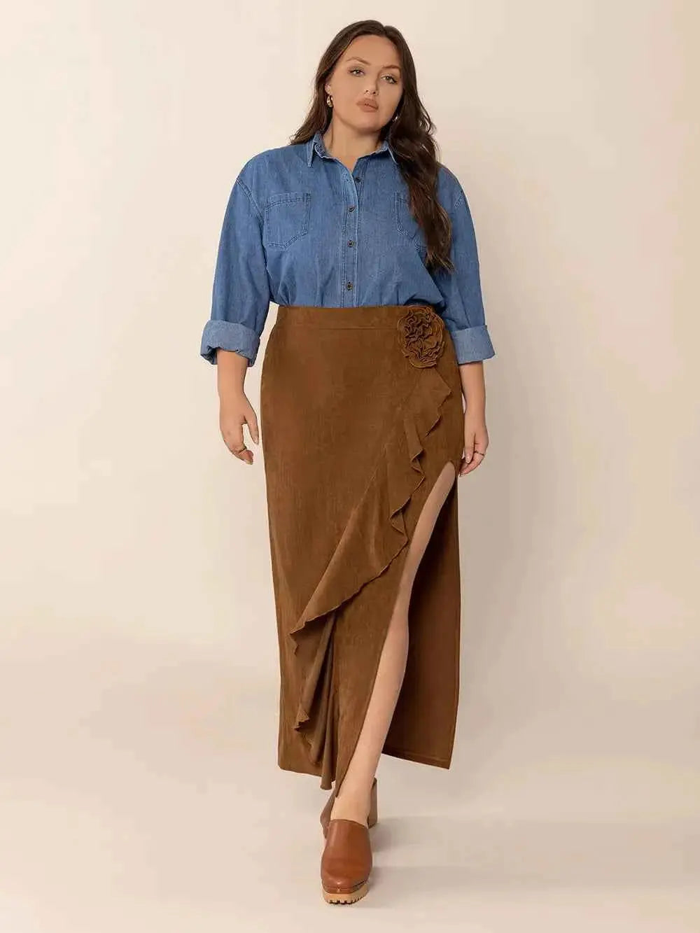 Plus Size Ruffled Slit High Rise Skirt