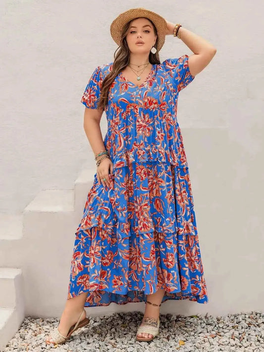 Plus Size Ruffled Printed V-Neck Short Sleeve Maxi Dress