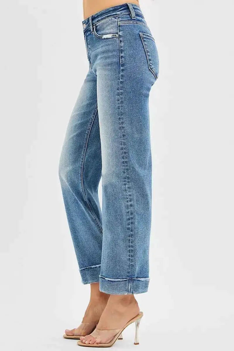 RISEN Full Size Mid Rise Crop Straight Jeans with Taylor Cuffed Plus Size
