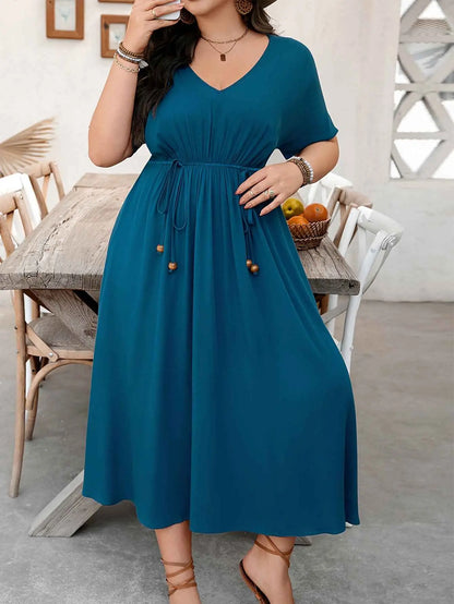 Plus Size Women Clothing Elegant V neck Short Sleeve Waist Controlled Slimming Dress