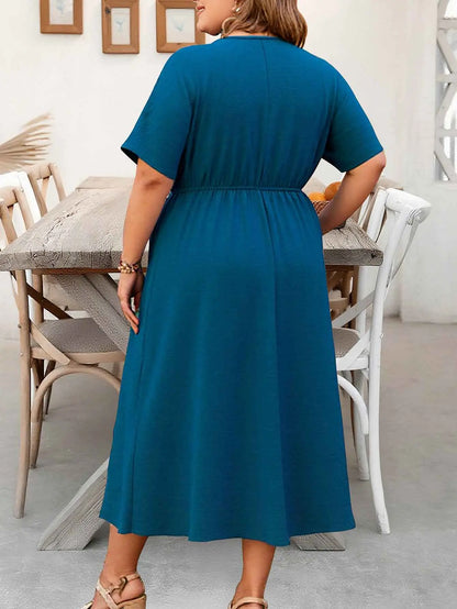 Plus Size Women Clothing Elegant V neck Short Sleeve Waist Controlled Slimming Dress