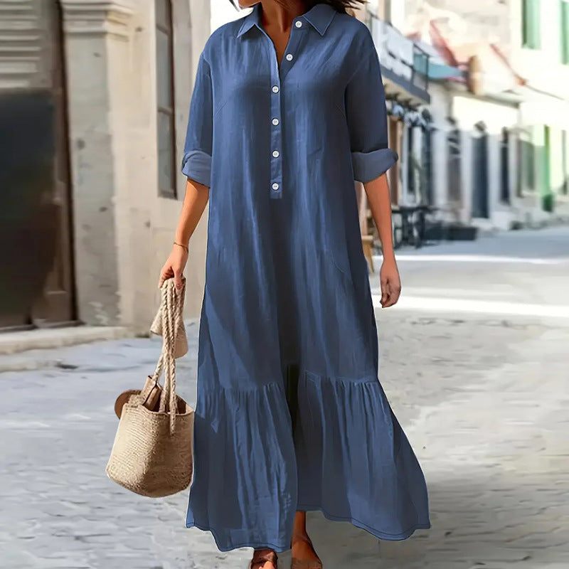 Plus Size Women Clothing Elegant Long Sleeve Collared Dress