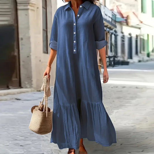 Plus Size Women Clothing Elegant Long Sleeve Collared Dress