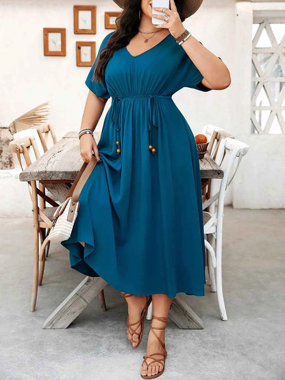 Plus Size Women Clothing Elegant V neck Short Sleeve Waist Controlled Slimming Dress