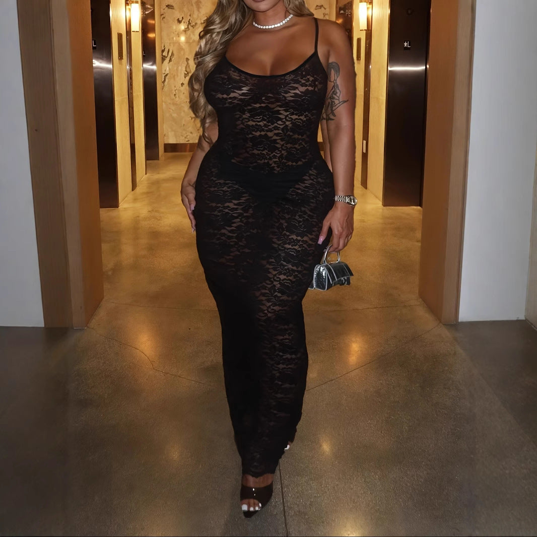 Plus Size Spring Summer Pure Sexy Solid Color Lace Waist Slimming Sling Dress