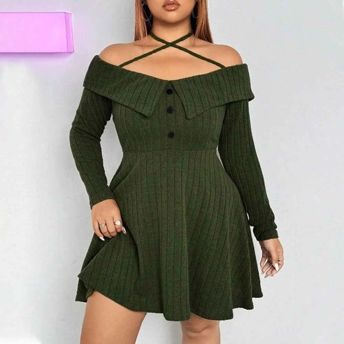 Plus Size Women Clothing Sexy Trendy Dress Autumn Winter Halter Off the Shoulder Design Short Dress