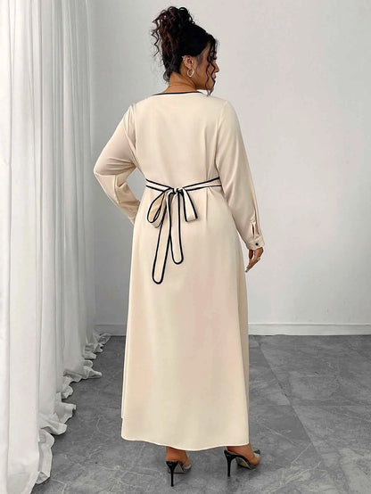 Plus Size Dress Women Waist Slimming Elegant Slim Fit Dress Long Sleeve Lace up Dress