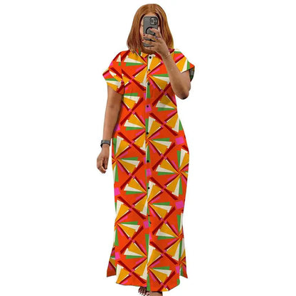 Plus Size Women Stand Collar Waist Controlled Split Shirtdress Dress