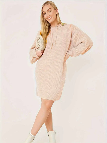 Fall Winter Hooded Knitted Dress College Office Outerwear Women Long Sleeve Casual Pajamas All Matching