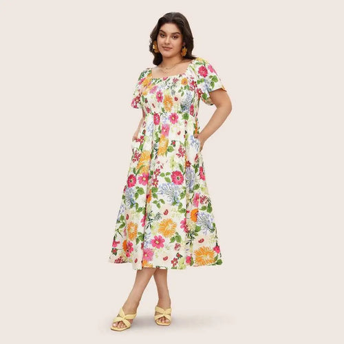 Plus Size Summer Dress Square Collar Loose Maxi Dress High Waist Print Short Sleeve Dress