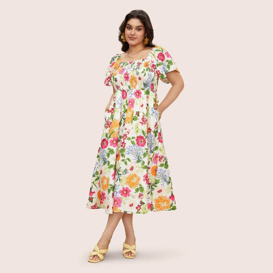 Plus Size Summer Dress Square Collar Loose Maxi Dress High Waist Print Short Sleeve Dress