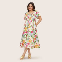 Plus Size Summer Maxi Dress - Square Collar Loose Fit High Waist Printed Short Sleeve Dress