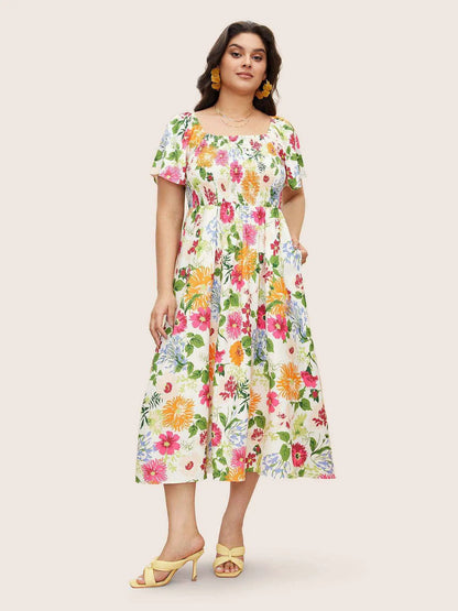 Plus Size Summer Dress Square Collar Loose Maxi Dress High Waist Print Short Sleeve Dress