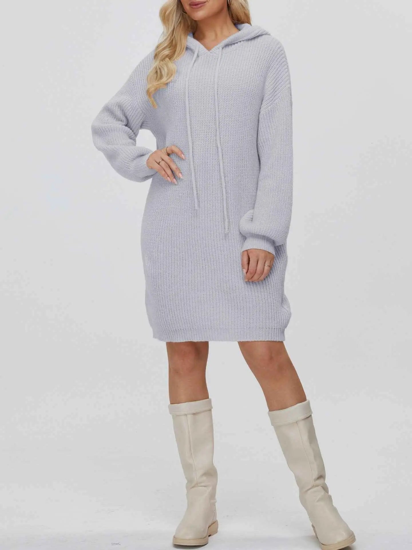 Fall Winter Hooded Knitted Dress College Office Outerwear Women Long Sleeve Casual Pajamas All Matching