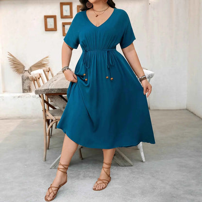 Plus Size Women Clothing Elegant V neck Short Sleeve Waist Controlled Slimming Dress